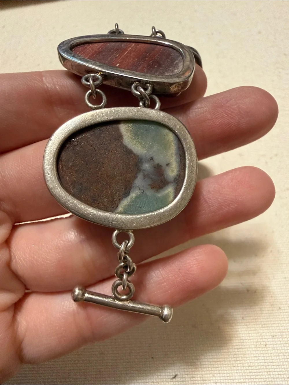 Beautiful Rare Find Sterling Silver 925 Multi-Stone Jasper Link Bracelet 7.5 in